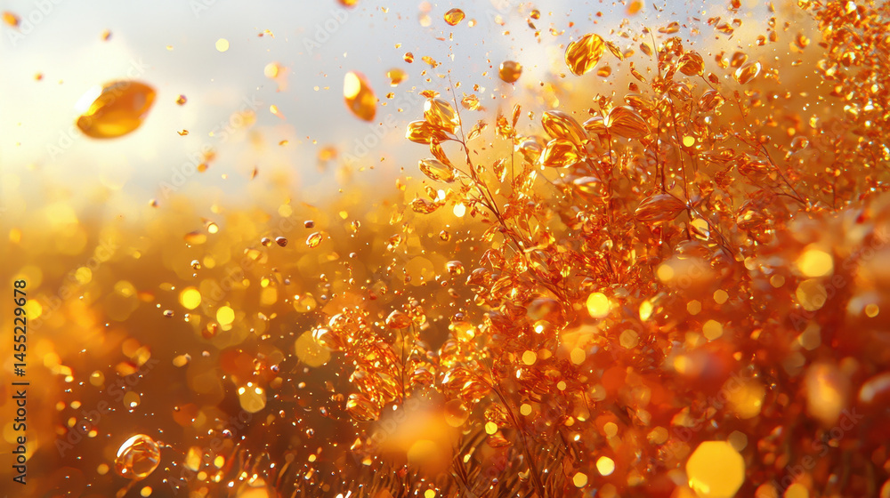 Poster a mesmerizing 3d background showcasing realistic golden autumn leaves and floating particles rendere