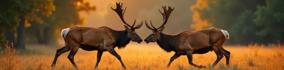 Fototapeta premium Locked antlers, aggressive red deer stags battling , dominance, competitive