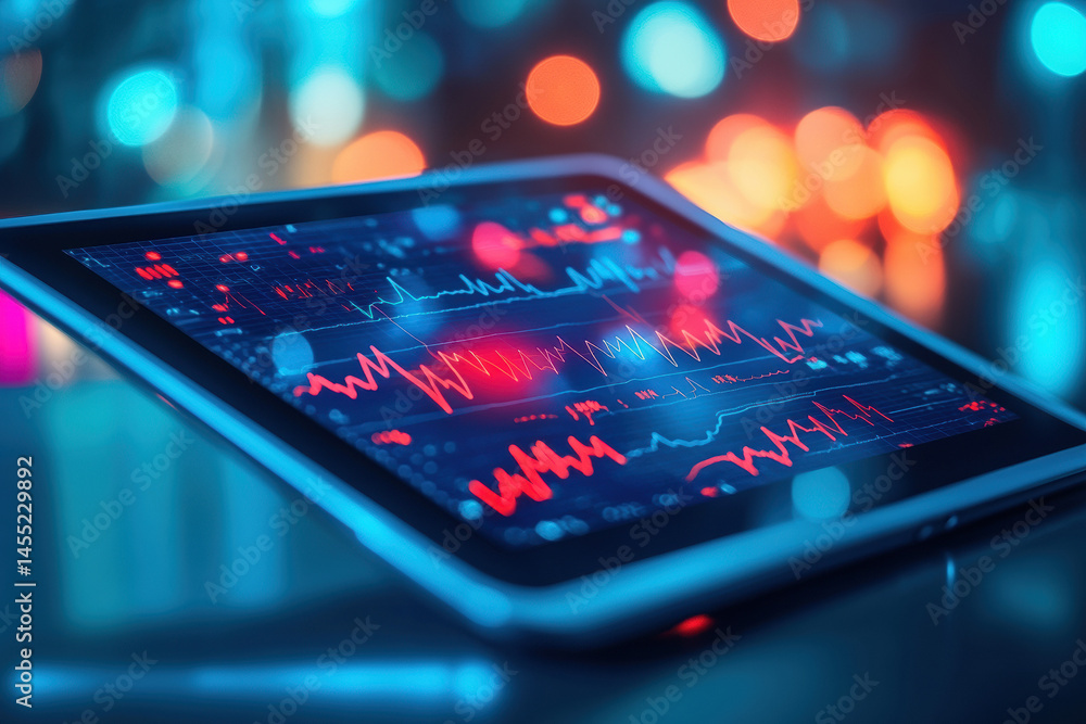 Poster Digital tablet displaying colorful data visualizations in a futuristic setting with abstract light bokeh background