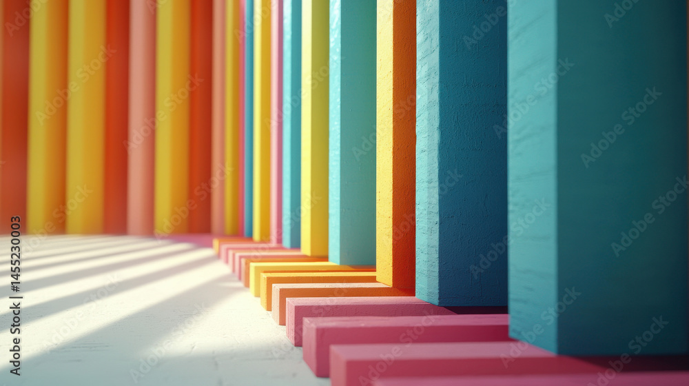Poster realistic 4k vibrant geometry in a 3d space, with colorful columns casting shadows, creating a visua