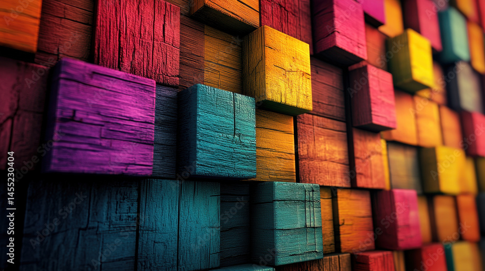 Poster 4k resolution showcases a 3d realistic background with unique textures of colorful wooden cubes arra