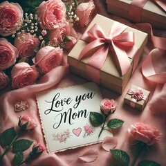 Romantic flat lay with Mother’s Day gifts and flowers