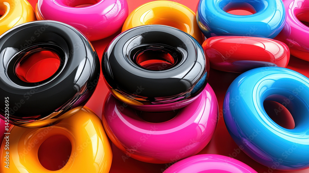 Poster a realistic 4k 3d background composition showcases a unique arrangement of glossy, colorful toroidal