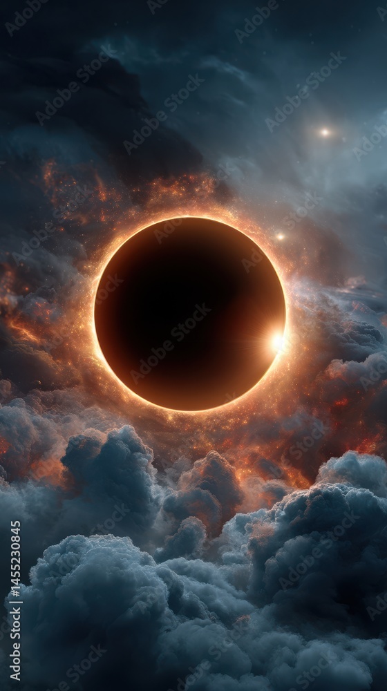 Poster a dark astronomical eclipse in an atmospheric sky with glowing clouds and stars creates an abstract 