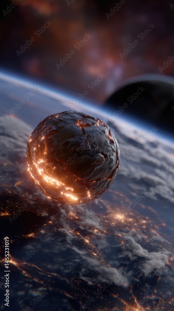 Poster fiery object approaching earth above the atmosphere with a blurred planet in the distance, creating 