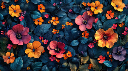 3D floral background with vibrant orange, pink, and yellow blooms and textured dark foliage in a realistic 4K resolution botanical arrangement design.