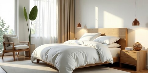Soft white bedding, wooden headboard, minimalist master suite , photography, sleep