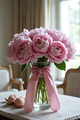 Fototapeta premium Bouquet of pink peonies home interior floral arrangement bright room close-up elegance