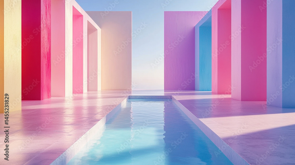 Poster realistic 4k side angle of a spacious 3d background featu colorful pastel architecture and a serene 