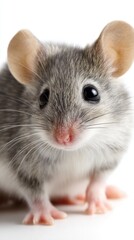 Close-up portrait of a small grey and white mouse with big ears against a clean, simple white background.
