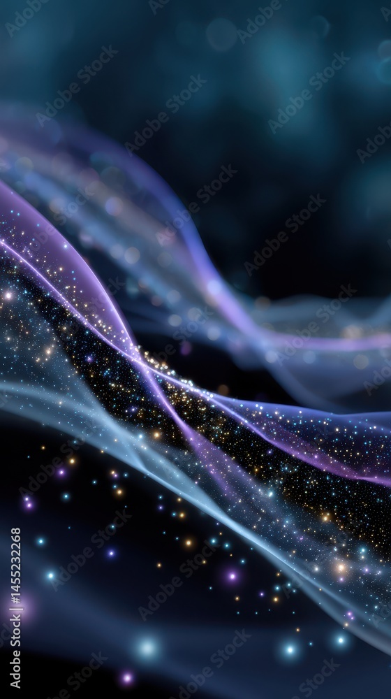 Poster ethereal digital rendering of translucent waves with sparkling particles creates a magical, dreamy a