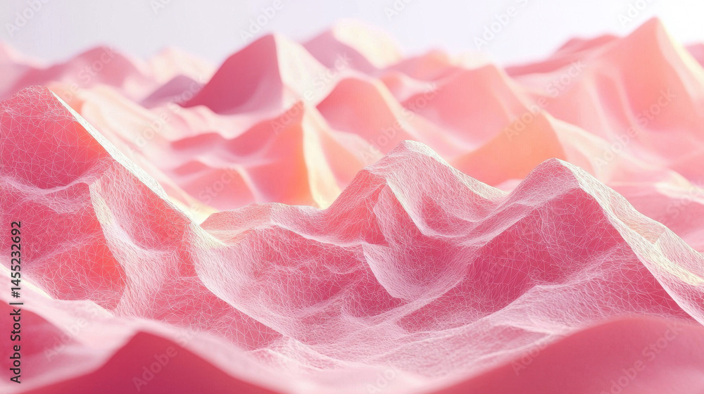 Poster a realistic 4k 3d background of a polygonal structure with soft pink and orange hues creating a visu