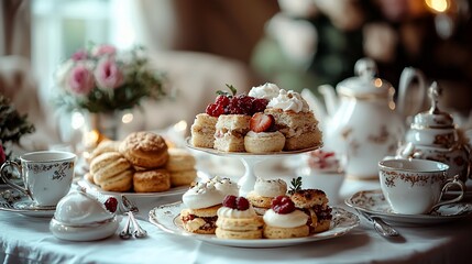 Elegant afternoon tea spread featuring scones, cakes, and berries.  A delightful selection of pastries and desserts