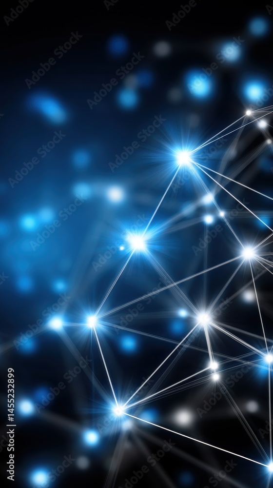 Poster abstract network with glowing nodes and connecting lines creating a digital plexus structure in a bl