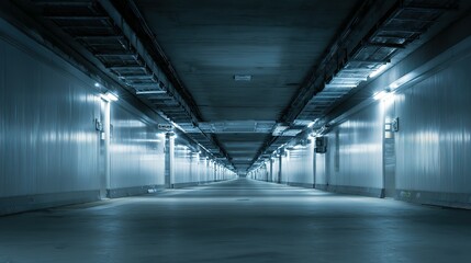 Obraz premium Long, industrial tunnel extending into the distance.