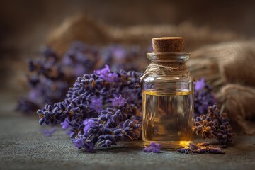 A small bottle of essential oil sits beside a bunch of fragrant lavender flowers. The warm, earthy tones create a calming and relaxing mood.