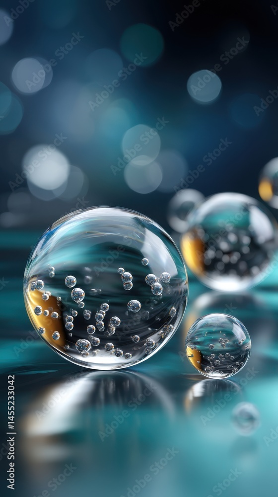 Poster transparent spheres with tiny bubbles floating on a blue and teal surface under bokeh lights for a s