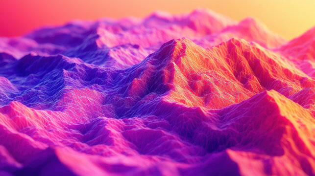 A realistic 4K 3D polygonal background design shows a side view of abstract colorful mountain ridges with detailed textured surfaces, creating a scenic landscape.