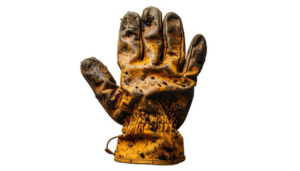 Fototapeta premium overhead photo of a single gardening glove with natural soil smudges isolated 
