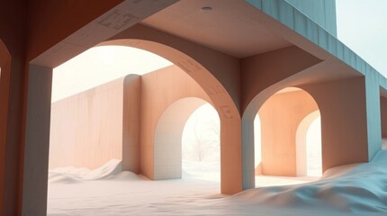Beige arched passageway, sunlit, minimalist architecture
