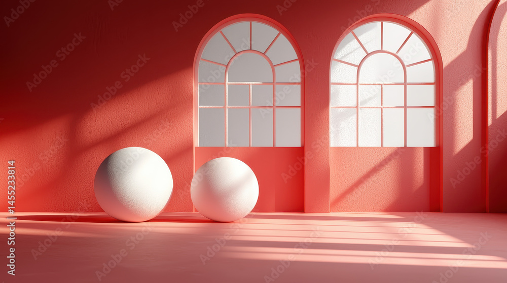 Poster modern 3d background with realistic rende of pink shapes and light showcasing spheres and arched at 