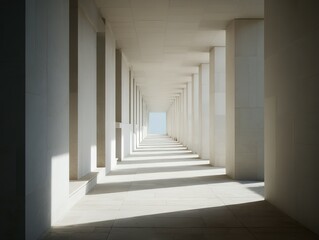 Empty colonnaded corridor stretching into a bright, sunlit distance.
