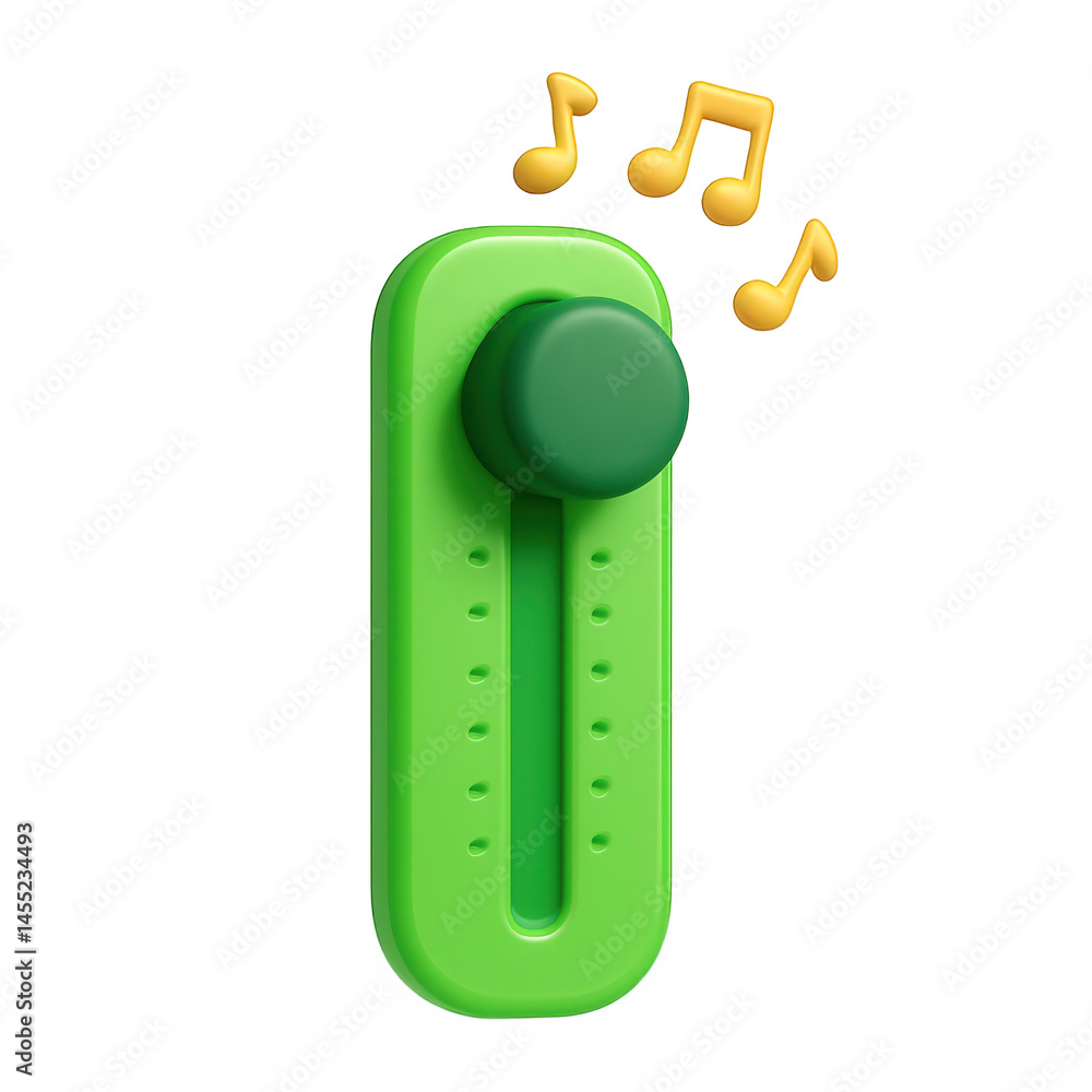 Poster a vibrantly green 3d volume slider with a darker knob and level marks, visually representing adjusta