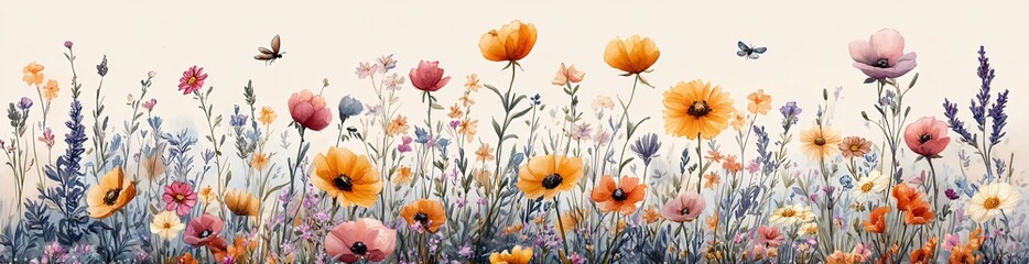 Obraz premium Vintage floral illustrations with wildflowers, insects, poppies, sunflowers, lavender, dragonflies. Pastel colors, gold accents. Ideal for wedding invitations and cards.