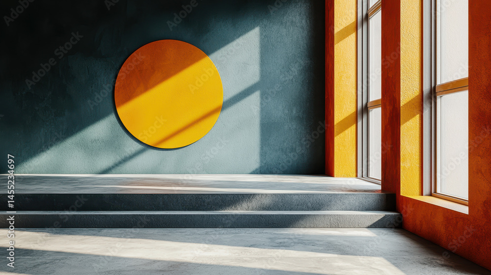 Poster a modern 3d rendered background featu a yellow circle on a textured wall, bathed in light from creat