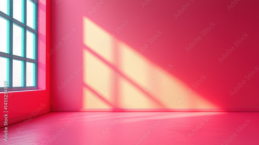 Aufkleber a minimalist 3d rende shows a realistic 4k side angle view of a pink room with sunlight streaming th
