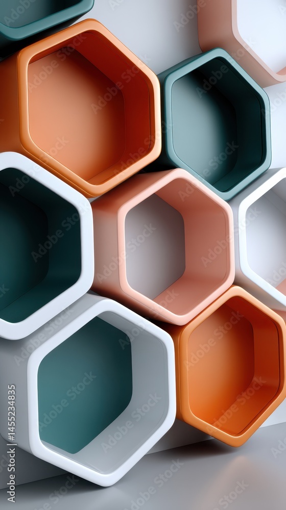Poster close-up view of colorful connected hexagon frames on a white surface creating abstract modern geome