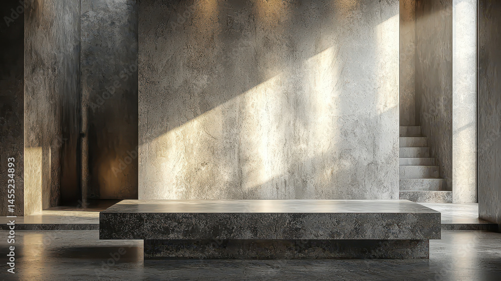 Poster realistic 4k 3d render showcases minimalistic side a design with textured concrete platform under sp