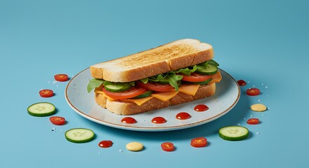 Toasted sandwich with cheese, tomato, and cucumber on a plate.