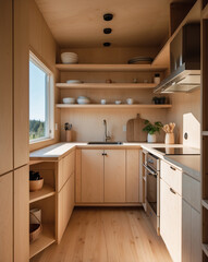 Fototapeta premium Minimalist Tiny House Kitchen with Soft Wood Cabinets and Open Shelving — Emphasis on Design Efficiency and Calm Living