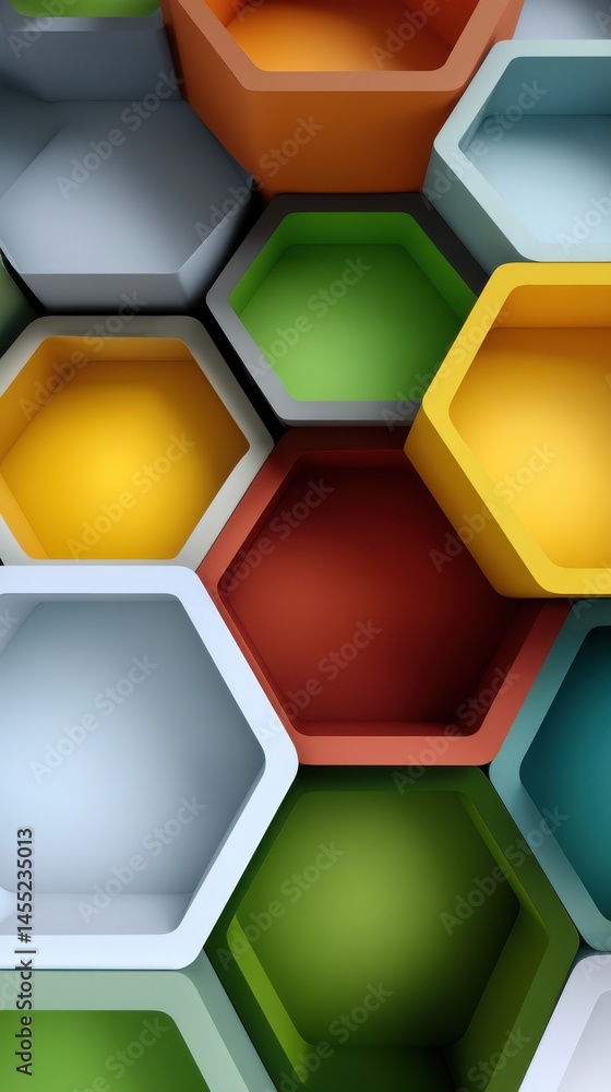 Poster abstract background of colorful 3d hexagons in a honeycomb pattern with rounded edges and multiple b