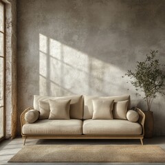 Modern, minimalist living room with light-toned furniture.