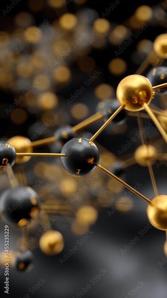 Poster golden nodes interconnected with black numbered spheres on a dark gradient background, creating an a