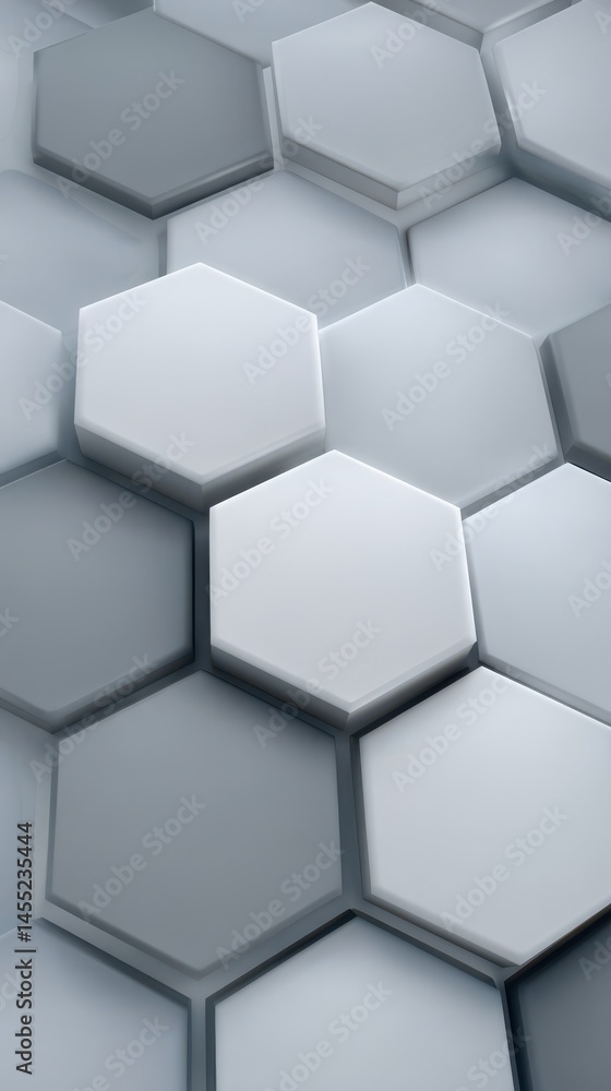 Poster abstract geometric background of overlapping 3d hexagons with a subtle gray color gradient across th