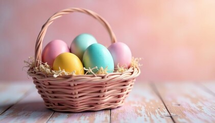 Brightly colored eggs in a charming pastel basket , celebration, symbol, holiday