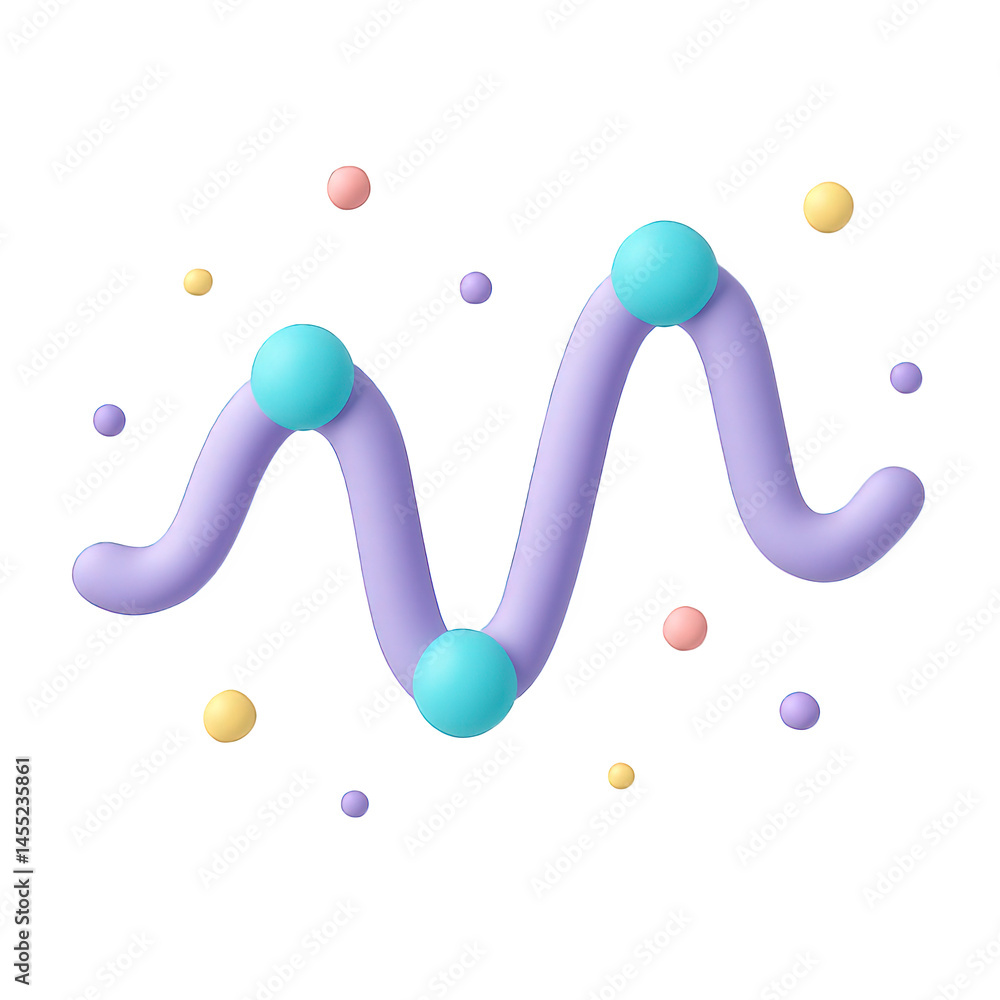Poster colorful 3d data points connect along a soft pastel wavy path, an abstract visualization.