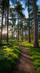 Fototapeta premium Sunlight Through Tall Pine Trees Along Forest Path with Green Grass and Ferns in Spring