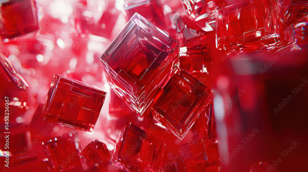Poster realistic geometric 3d background featu many floating red translucent cubes in a 4k visual rende, cr