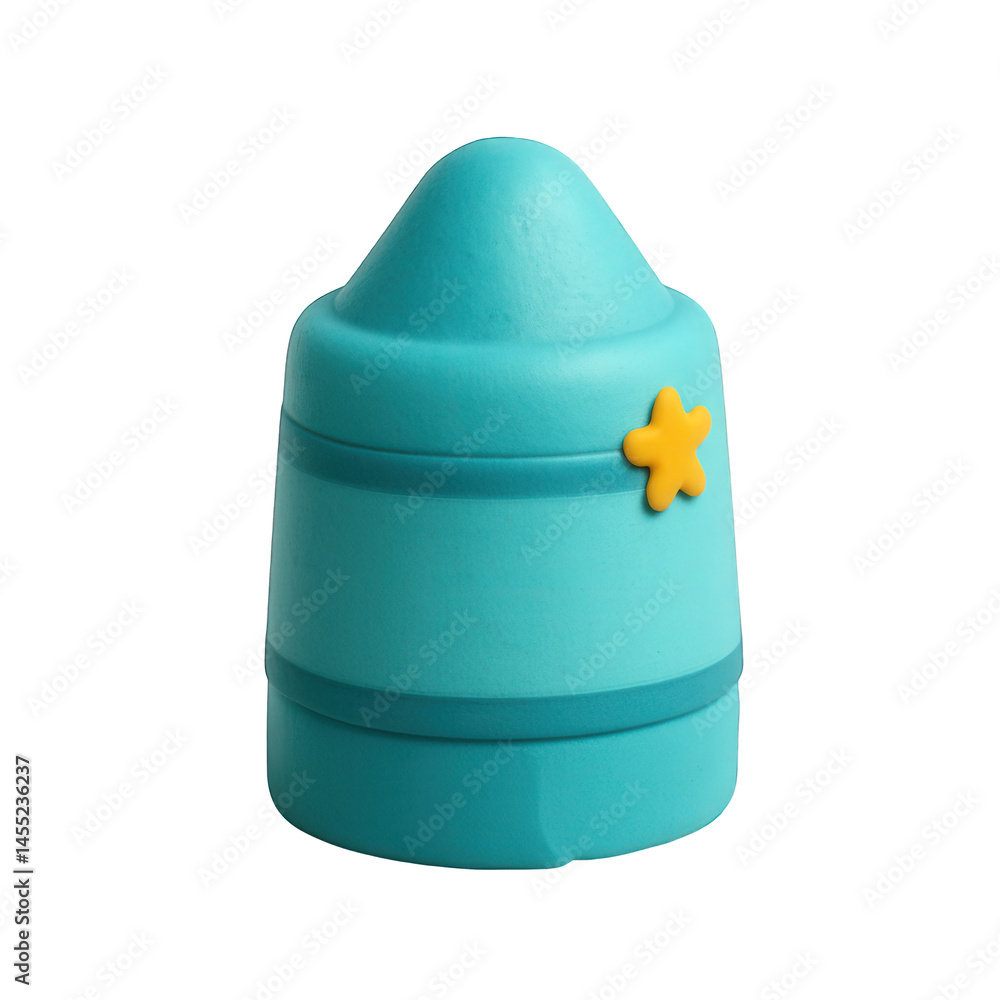 Poster a vibrant teal building block shape topped with a smooth cone and adorned with a small yellow star.