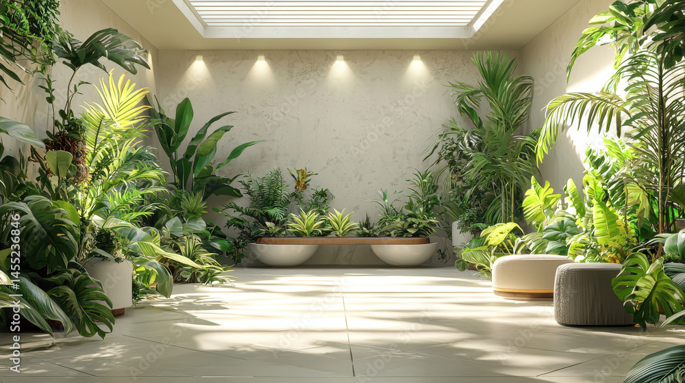 Poster a 3d futuristic design presents a realistic 4k side angle view of lush greenery in a modern space, e