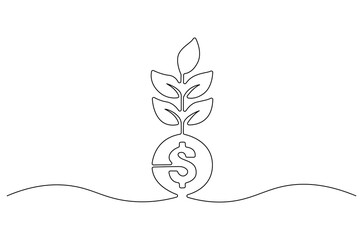 Continuous one line drawing of Plant growing from coin. Single line drawing illustration of Money sustainable growth. Financial growing concept vector art. Doodle line illustration.