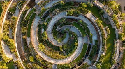 Spiraling architectural design with lush greenery.