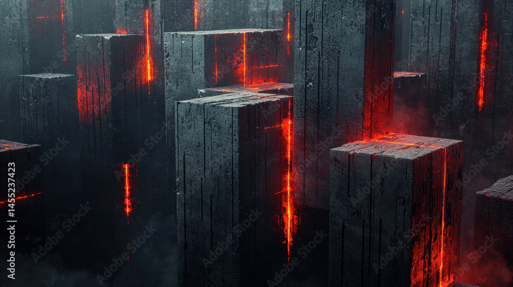 Poster an energetic 4k 3d background design showcasing realistic lava flowing through dark stone structures