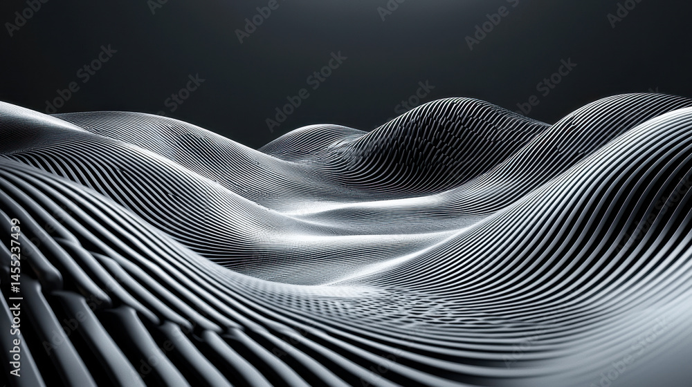 Poster energetic 4k 3d waves ripple across a metallic surface, forming a realistic abstract background comp