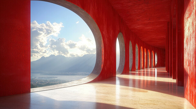 A realistic 3D rendered abstract background featu dynamic, creative red architecture with a clear sky view in stunning 4K side angle perspective.