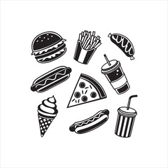 Fast Food Silhouette Clipart Set | Black Doodle Food Icons on White Background